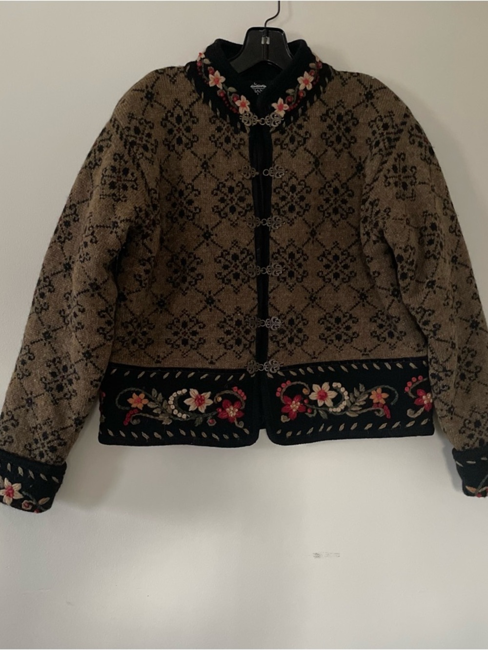 SOLD Scandinavian Wool Cardigan Small Brown Floral Embroidered Cottagecore